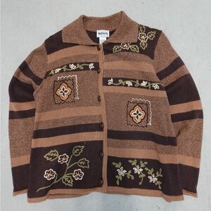 Brown and Tan Striped Sweater with Floral‎ Embroidery